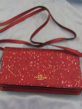 Glitter COACH RED/RASBERRY HAYDEN FOLDOVER CROSSBODY CLUTCH BAG Detachable Strap